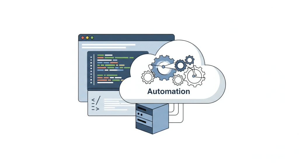 Illustration of a code editor connected to a cloud with automation gears.