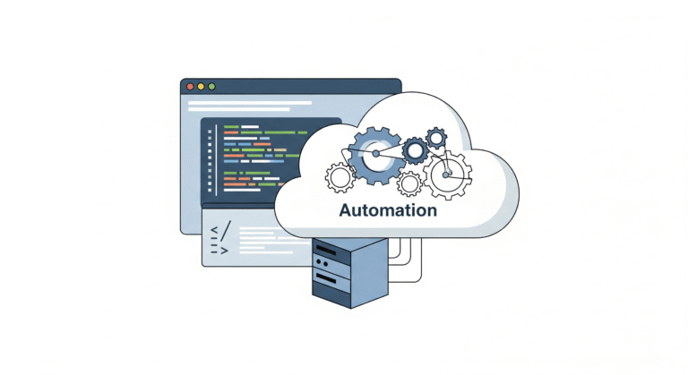 Illustration of a code editor connected to a cloud with automation gears.