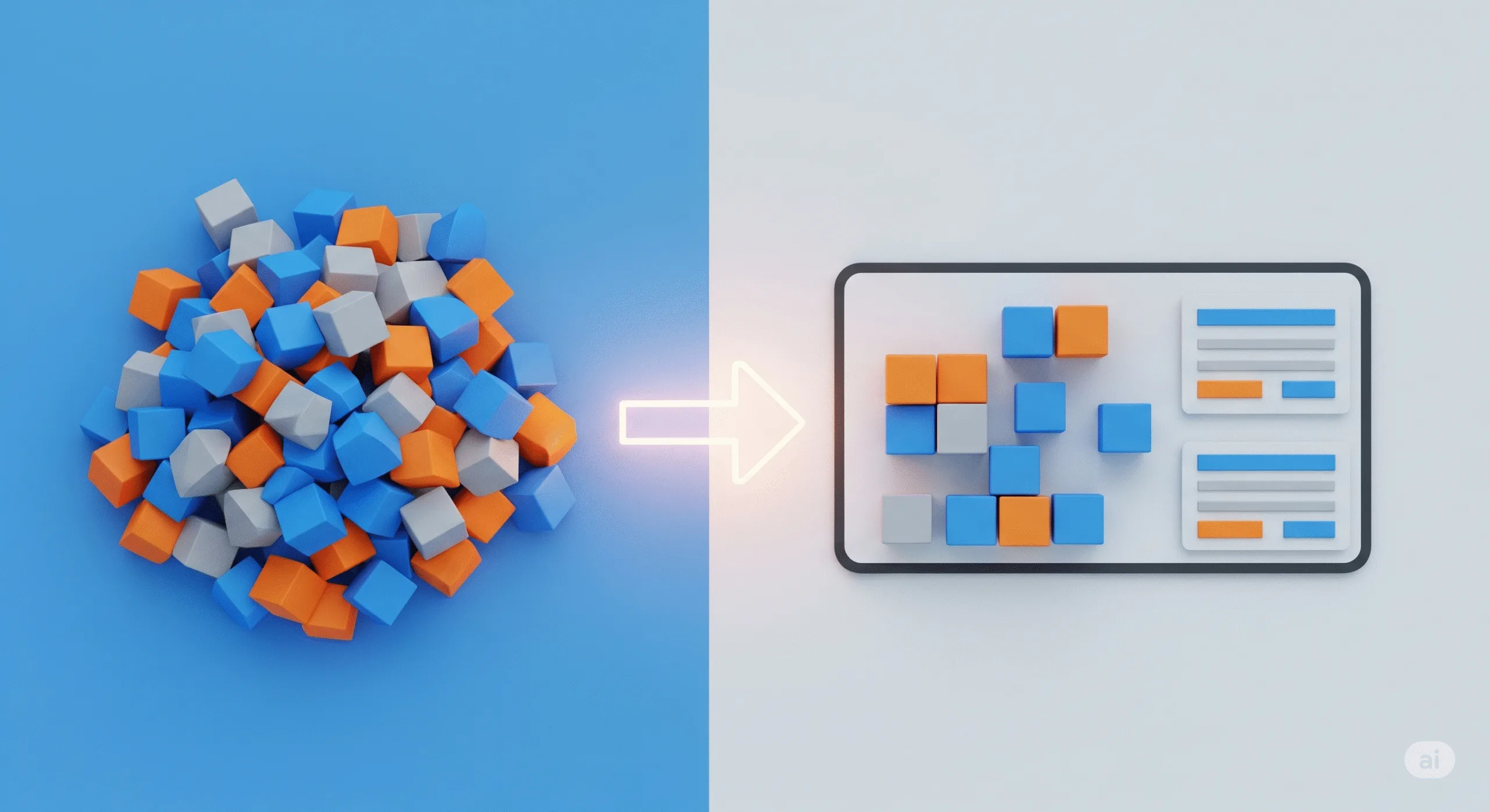 A visual metaphor showing a jumbled pile of colorful blocks on the left, with a glowing arrow pointing to the right where the same blocks are neatly arranged into a professional website design.