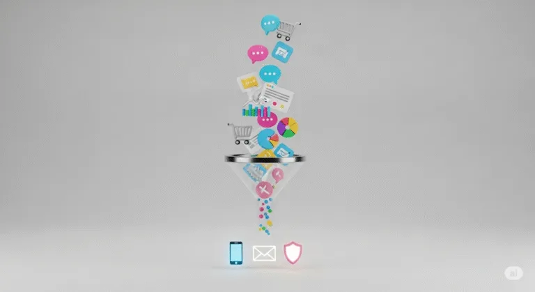 Abstract image representing a core business decision: A funnel filters dozens of website feature icons (like charts and shopping carts) down to three essential, glowing icons: a mobile phone, an envelope, and a security shield.
