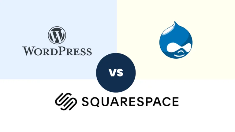 WordPress vs. Squarespace vs. Drupal logos in a comparison image for choosing the best business website platform.