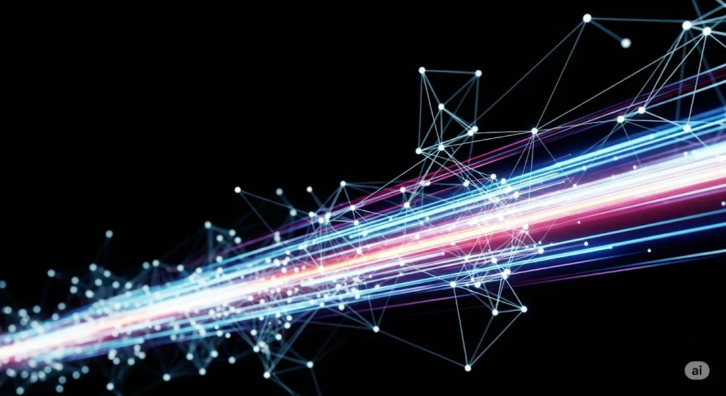 An abstract visualization of technology with glowing blue and purple data streams and network connections, representing affordable AI solutions for small business growth.