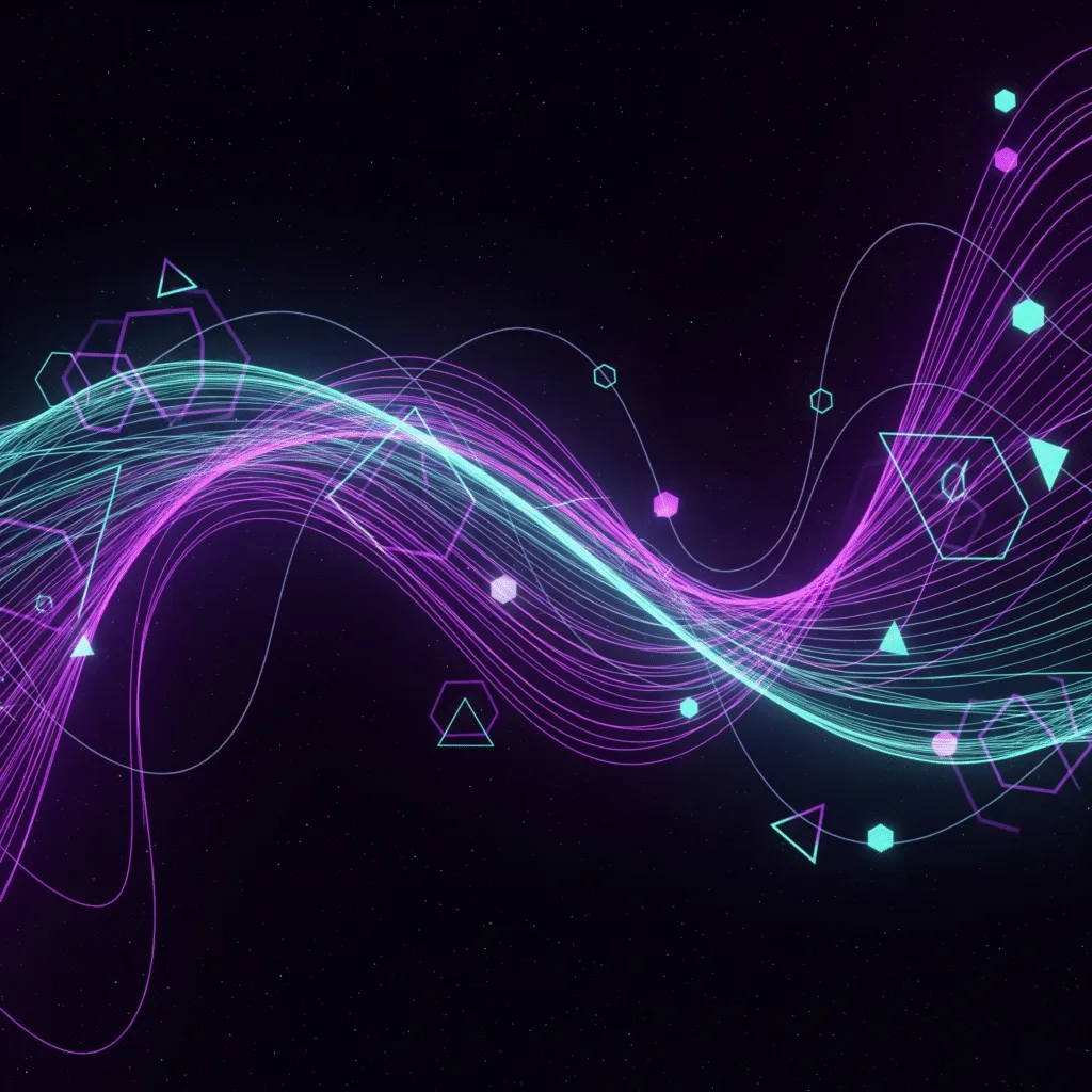 Abstract flowing lines in purple and teal with geometric shapes on a dark background