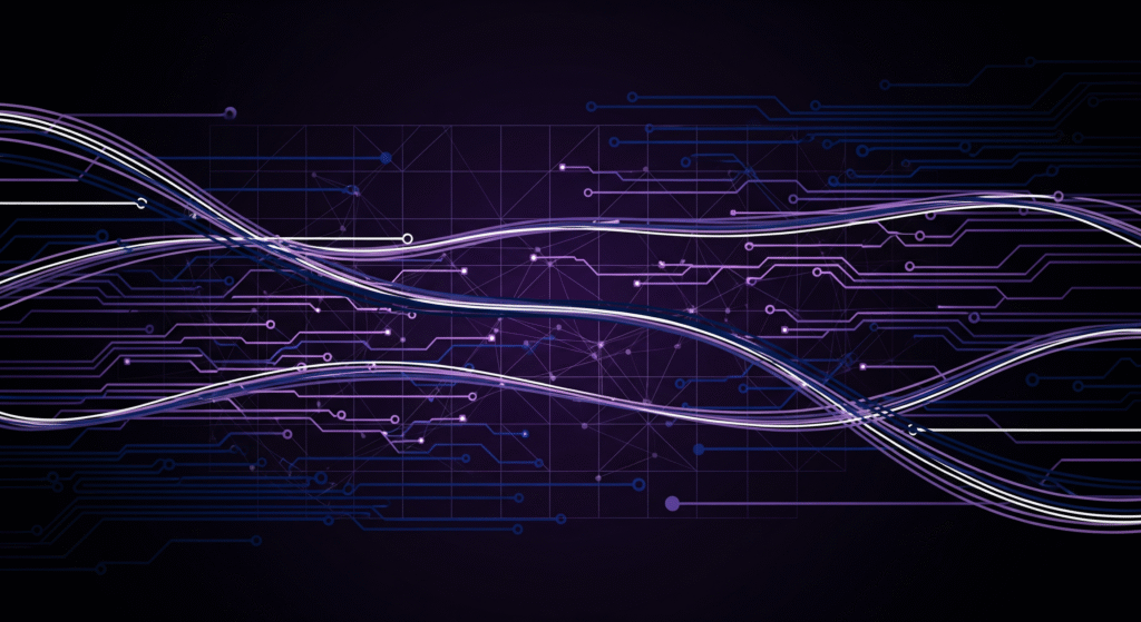 A high-tech abstract image showing glowing purple and white data streams flowing over a dark background with a circuit board design, conveying a sense of digital efficiency.