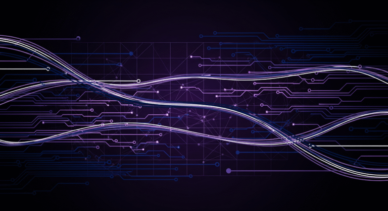 A high-tech abstract image showing glowing purple and white data streams flowing over a dark background with a circuit board design, conveying a sense of digital efficiency.
