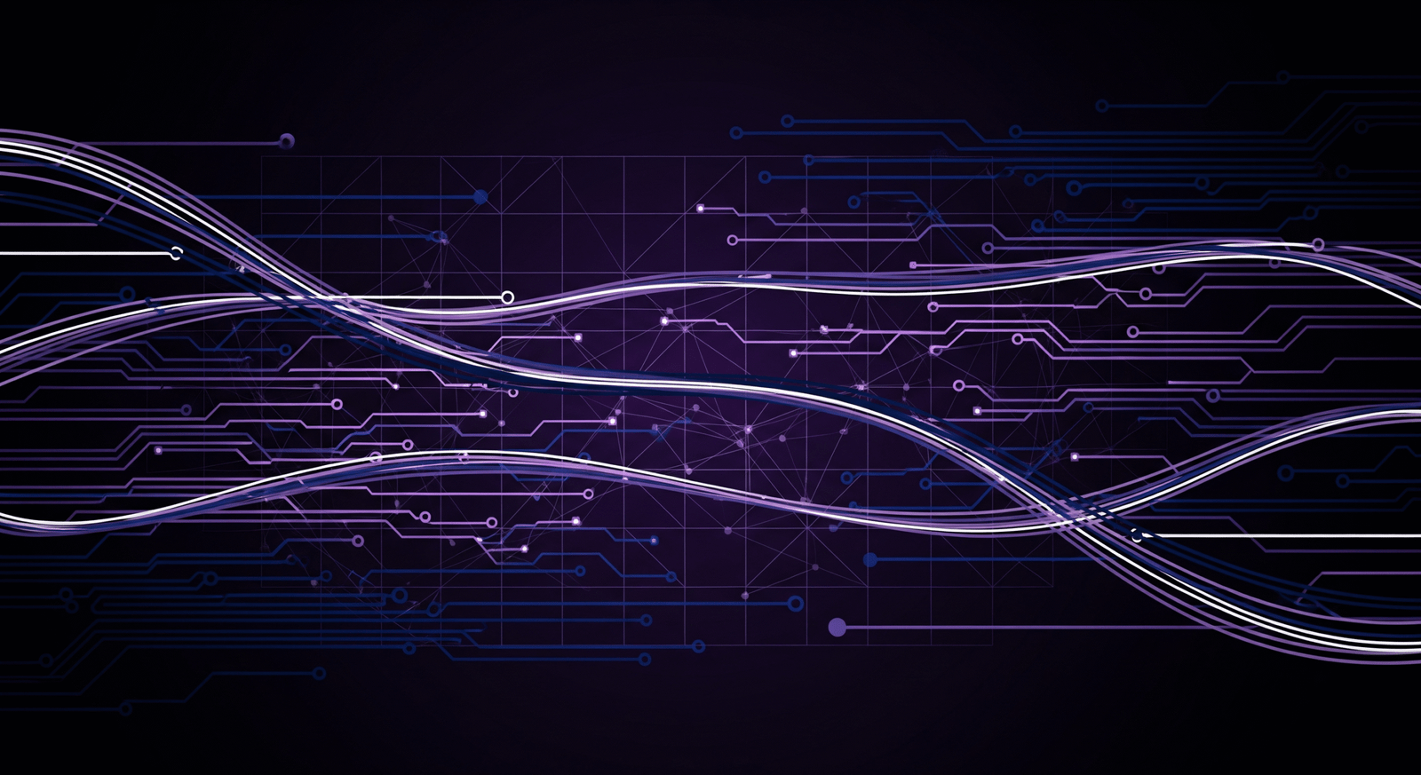 A high-tech abstract image showing glowing purple and white data streams flowing over a dark background with a circuit board design, conveying a sense of digital efficiency.