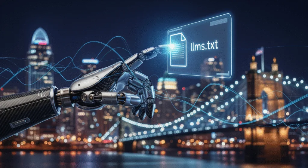 A robotic hand points at a glowing digital file icon labeled "llms.txt" in front of the Cincinnati skyline at night, with streams of data flowing in the foreground.