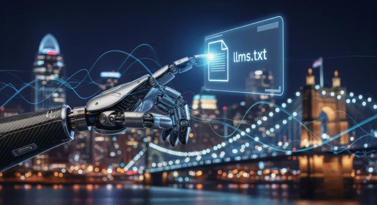 A robotic hand points at a glowing digital file icon labeled "llms.txt" in front of the Cincinnati skyline at night, with streams of data flowing in the foreground.