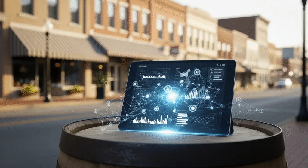 A sleek, modern tablet with a glowing screen of AI analytics rests on a rustic oak bourbon barrel. In the background, the sunlit main street of a small Kentucky town is softly out of focus.