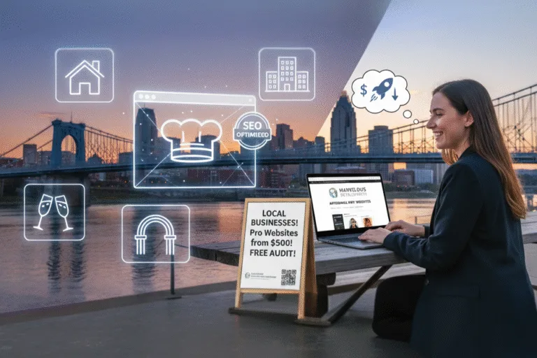Woman on a laptop with a thought bubble of a rocket and money, overlooking the Cincinnati skyline, surrounded by icons representing local businesses (home, restaurant, offices, wedding venue, bridge) and SEO optimization, promoting affordable NKY business websites and a free audit.
