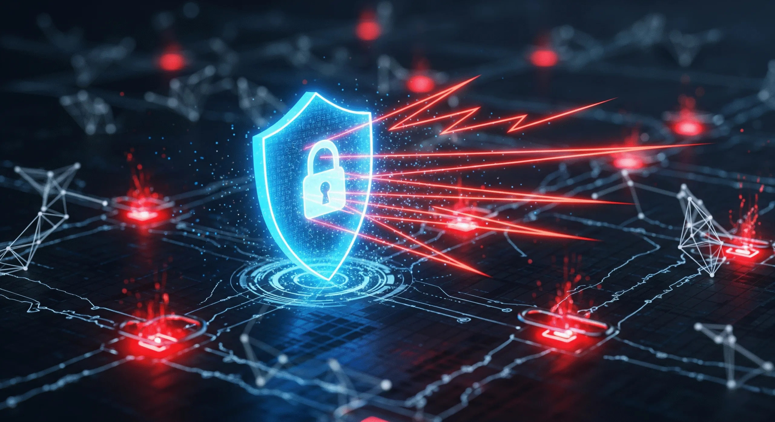 A conceptual cybersecurity image showing a glowing blue shield with a padlock icon at the center, repelling aggressive red digital lines that symbolize a cyberattack. The background is a dark, complex network representing a digital supply chain with vulnerable nodes glowing red.