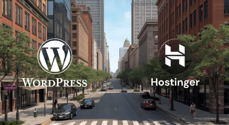 City life of northern kentucky with logos of wordpress and hostinger