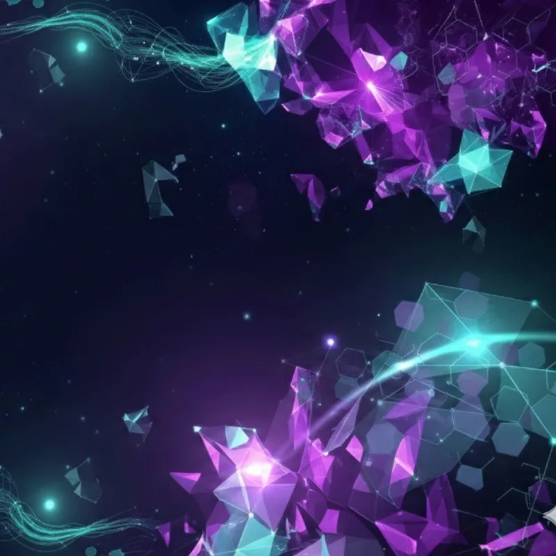A dark, high-tech background featuring soft, glowing networks of interconnected lines and nodes in shades of purple, blue, and teal on a deep space background.
